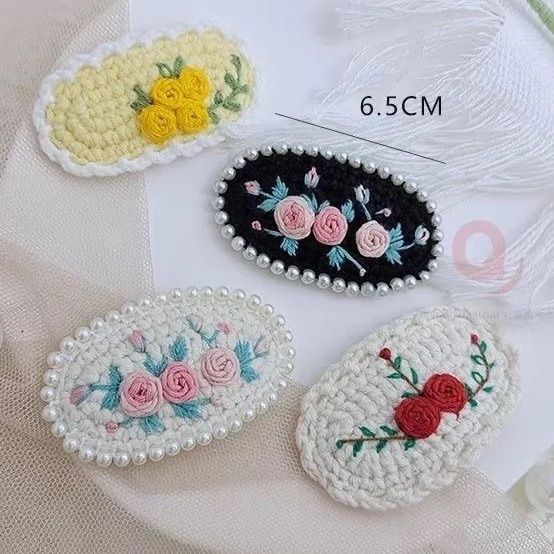 4点 Sweet Strawberry Original Design｜Handmade 手作りアクセサリー｜かわいい ニット ヘアピン髪飾り 森系｜3D立体感刺繍細工｜真珠飾り｜Rose バラ｜Size 6.5x3cm 4点