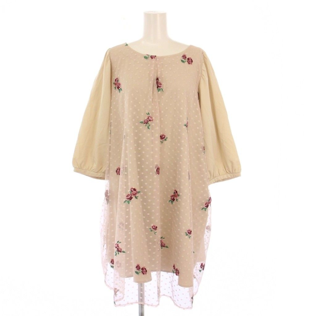 ローズティアラ Rose Tiara チュール刺繍切替チュニック 七分袖 クルーネック ストレッチ バラ柄 薔薇柄 ドット柄 46 ベージュ |BB