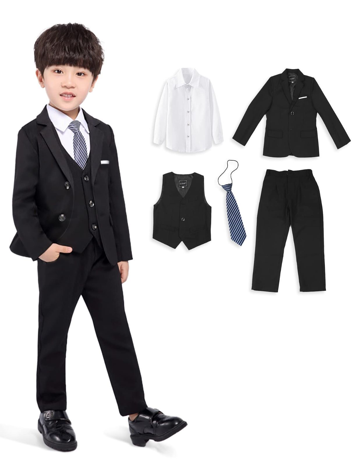 140_ブラック [SIAFEI] フォーマルスーツ 子供 男の子 入園式 入学式 卒業式 発表会 七五三 結婚式 5点セット キッズ ボーイズ 110 120 130 140 150 160 170 無地 長袖 ブラック 140