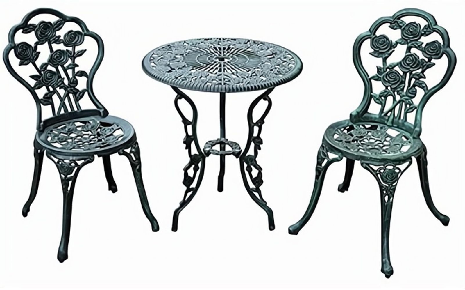 イングリッシュガーデン カフェ風 おしゃれ 3点セット バラの飾り 軽くてサビづらいアルミ鋳物製 ローズアルミガーデンテーブル-チェア のあるパウダーコーティング パラソル用ホール 滑り止め付 Out グリーン テーブル 幅60×奥行60×高さ7