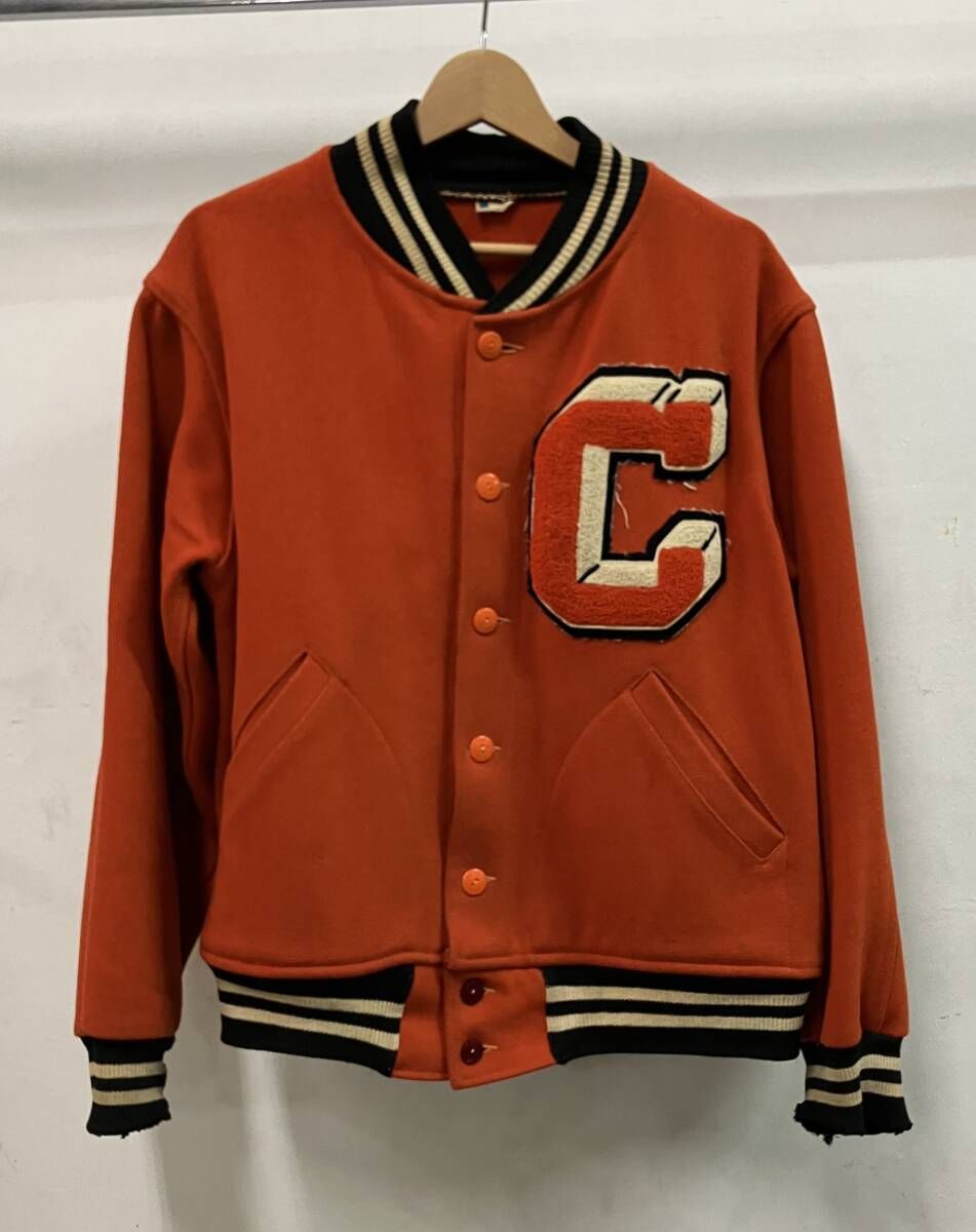 Champion チャンピオン 50s ランタグ ボタスタ スタジャン 袖ほつれ有 首元汚れ有 サイズL オレンジ