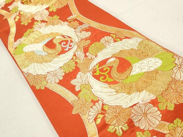 平和屋着物◎六通柄袋帯 唐織 花鳥文 鶴 金糸 正絹 逸品