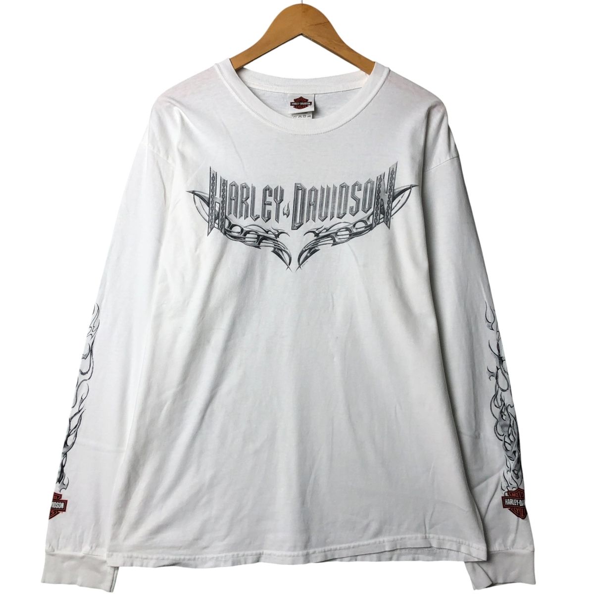 古着 00年代 ハーレーダビッドソン Harley-Davidson モーターサイクル トライバル 鷲柄 イーグル柄 星条旗柄 ロングTシャツ|eaa586531