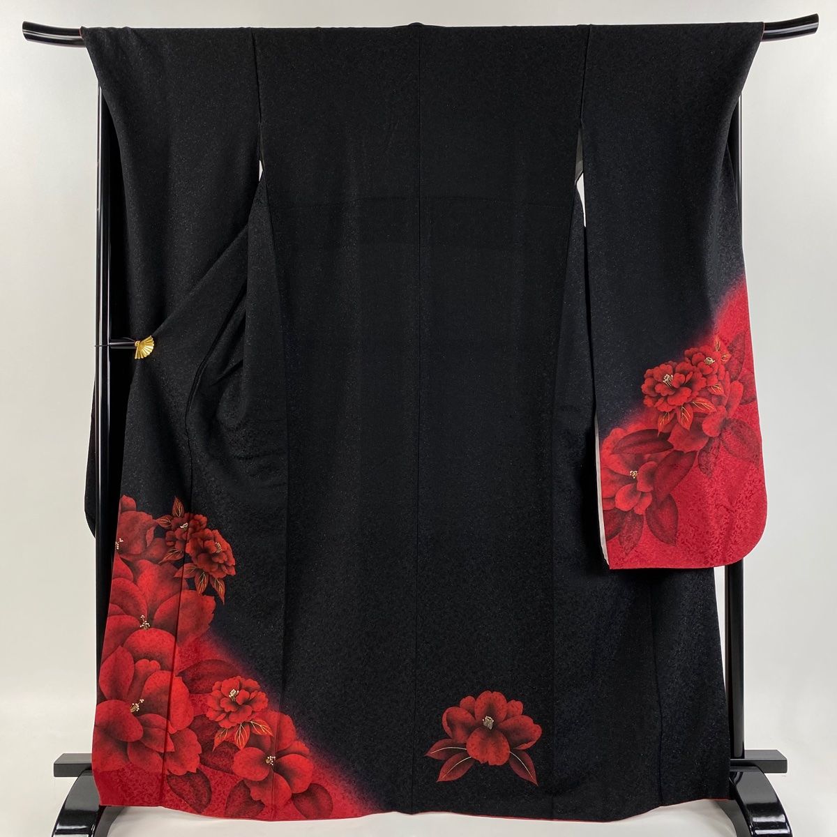 振袖 身丈166.5cm 裄丈70cm L 袷 椿 銀通し 金彩 黒 正絹 逸品