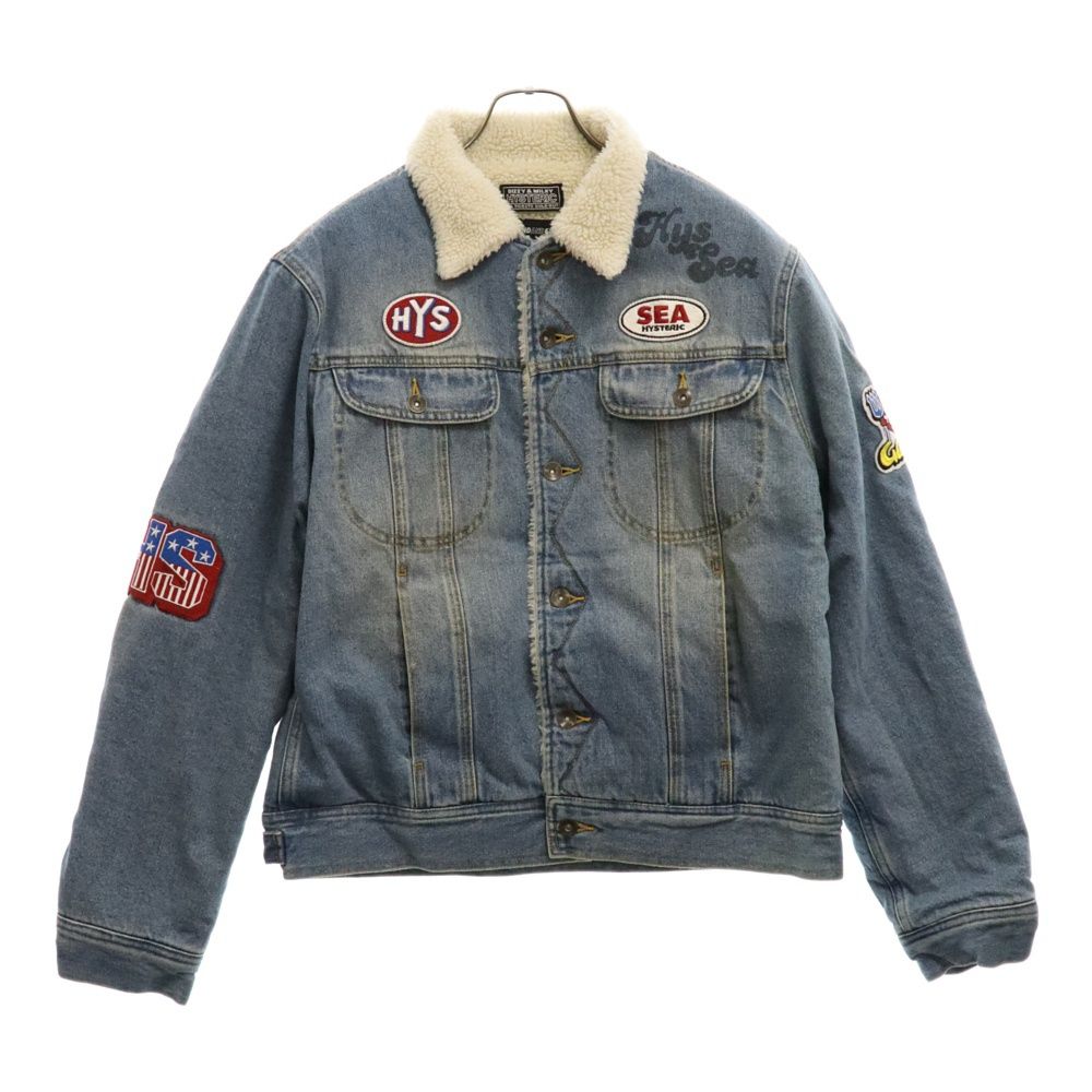 HYSTERIC GLAMOUR (ヒステリックグラマー) 23AW × WIND AND SEA WASHED DENIM JACKET ウィンダンシー ウォッシュド デニム ワッペン ボア ジャケット インディゴ WDS-C-HYS-24-Q2-03