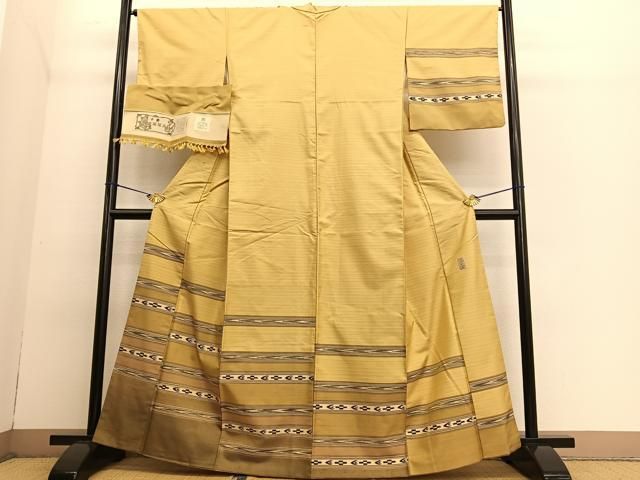 平和屋着物●京の名門　じゅらく謹製　訪問着　紬地　手織　漢方薬草染　横段文　反端付き　正絹　逸品　BAAT6751hv 平和屋着物○京の名門 じゅらく謹製 訪問着 紬地 手織 漢方薬草染 横段