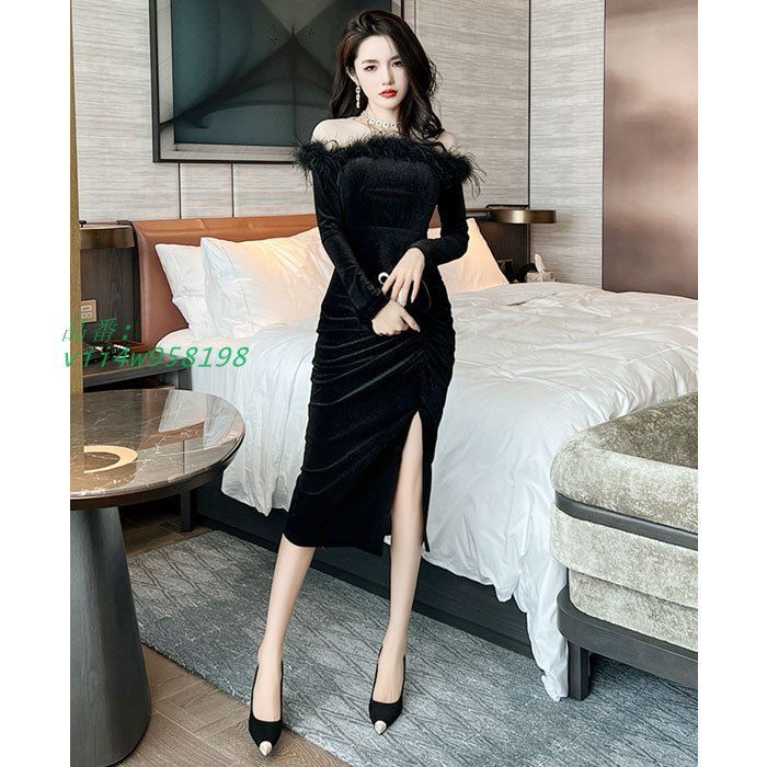 肩出しオフショル風ファー使い ベルベット膝丈タイトドレスワンピース 黒 結婚式 お呼ばれ パーティー キャバ 韓国 vii4w958198