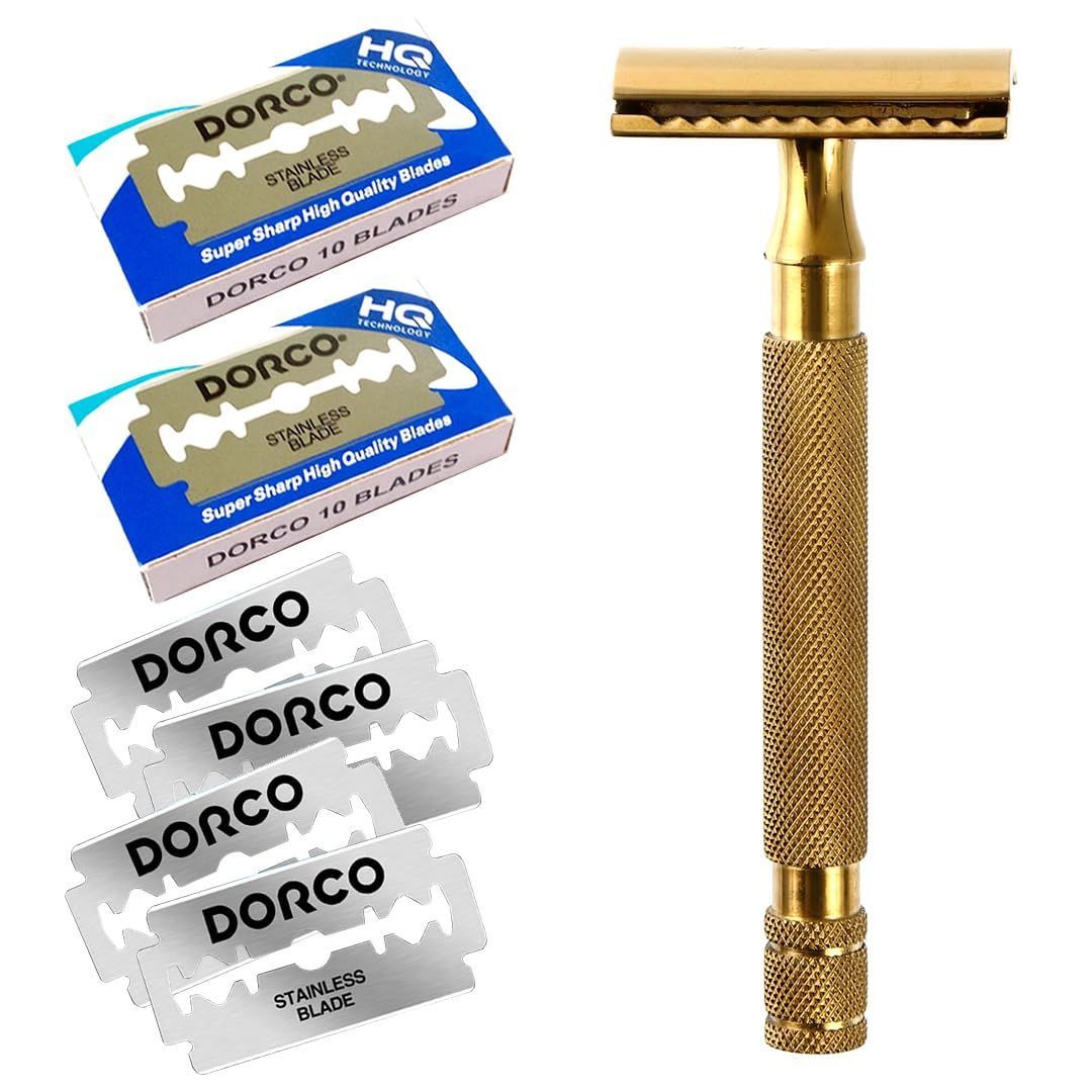 【即日発送】Aurea 本格深剃り 両刃カミソリ 本体+替刃20枚付き W 剃刀 かみそり 髭剃り 顔そり Kazakiri 男性 メンズ ゴールド 金