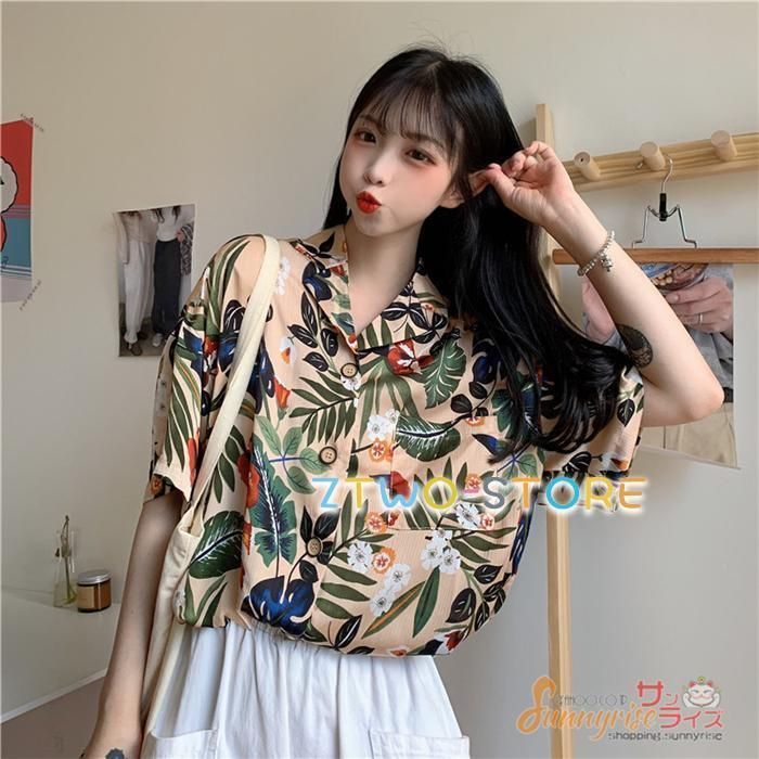 アロハシャツレディーストップス夏シャツブラウスハワイシャツボタニカルアロハ日焼け止め服半袖花柄プリント薄手ゆったりビーチ浜辺リゾート アロハシャツレディーストップス夏シャツブラウスハワイシャツ