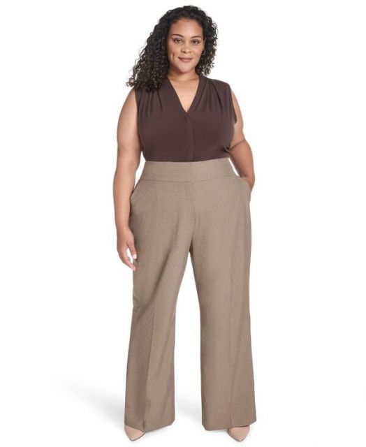 送料無料 カルバンクライン レディース カジュアルパンツ ボトムス Plus Size Check-Print Wide-Leg Pants Oak Leaf Multi