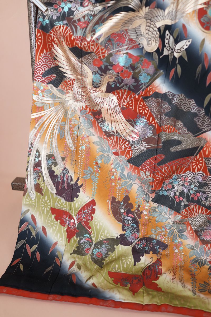 難アリ 黒 茶 黄土色 鳳凰 蝶 正絹 花嫁振袖 (cl_kimono2309) - メルカリ