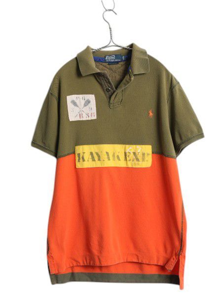 なクーポン配布中! 00s ポロ ラルフローレン 鹿の子 半袖 ポロシャツ メンズ L | 半袖シャツ カットソー ステンシル パネル ワンポイント ツートン