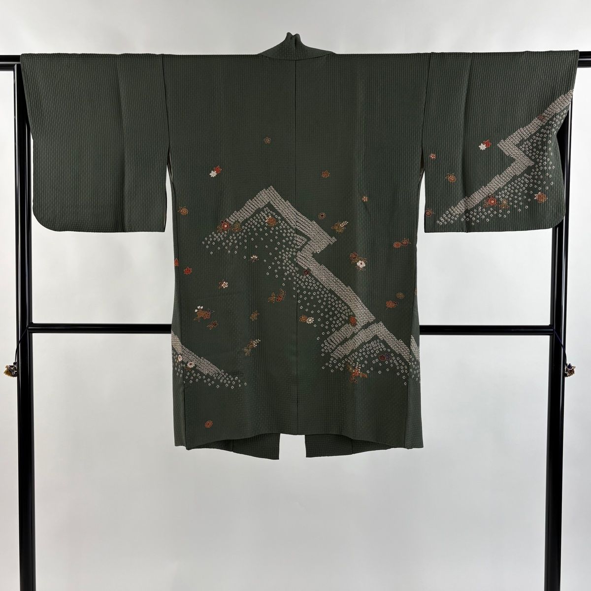 道中着 身丈93cm 裄丈65.5cm M 和装コート 草花 疋田 金彩 灰緑 正絹 秀品