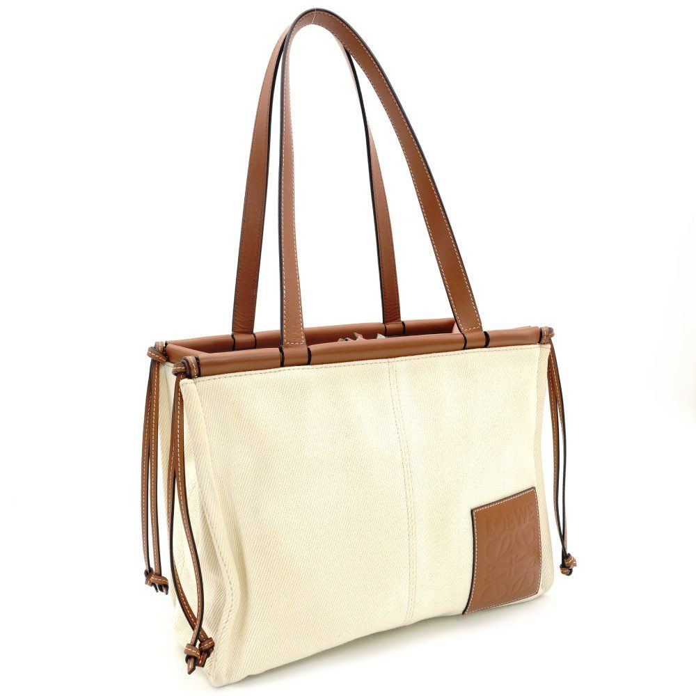 ロエベ LOEWE クッション アナグラム トートバッグ キャンバス ベージュ×ブラウン ロゴ ショルダー 7-10-606