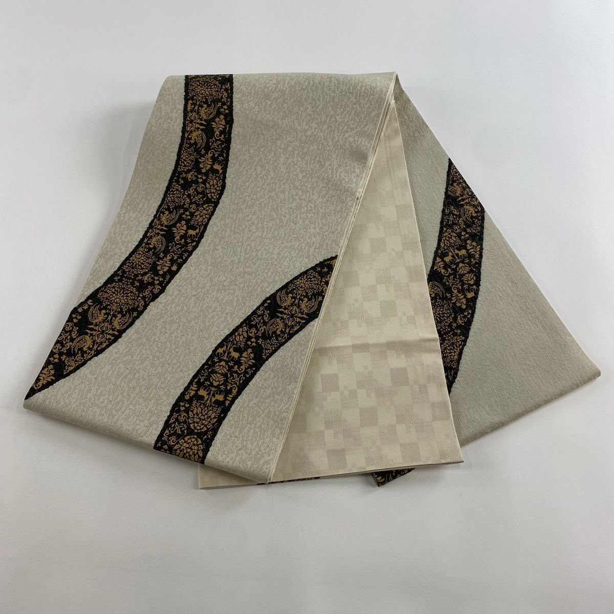 袋帯 秀品 落款 やまと 樹下双獣文 金糸 金彩 ベージュ お太鼓柄 正絹 WWW_OLIVIERBERNSTEIN_COM