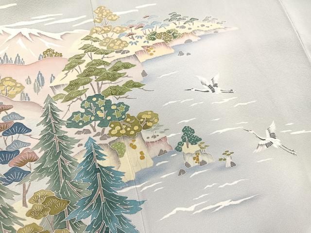 色留袖　友禅　金駒刺繍　向かい鶴　落款　濱ちりめん　白花色　訳あり　在庫保管品 色留袖 友禅 金駒刺繍 向かい鶴 落款 濱ちりめん 白花色 訳あり