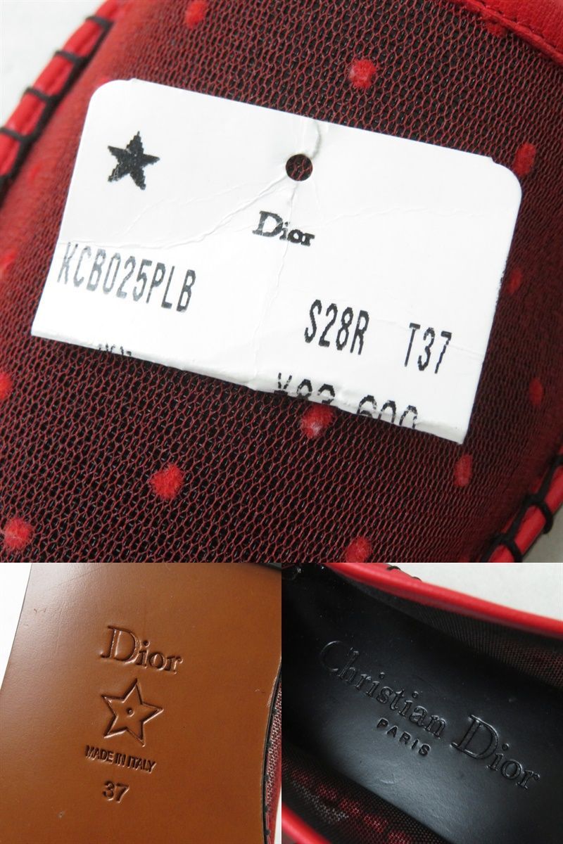 未使用◇Christian Dior クリスチャンディオール KCB025PLB Nicely-D J'ADIOR リボン付 ドットチュール  フラットシューズ レッド 37 伊製
