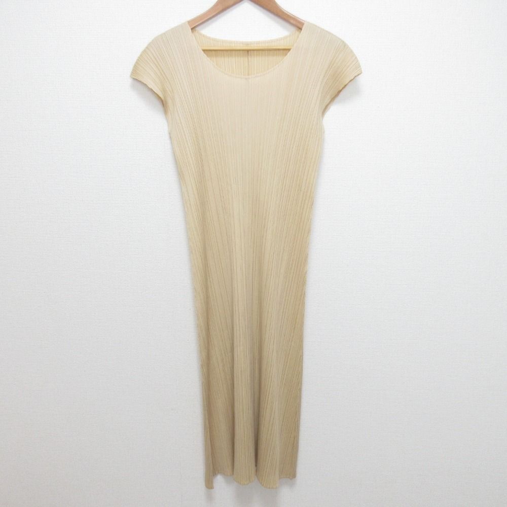 PLEATS PLEASE プリーツプリーズ イッセイミヤケ フレンチスリーブ ワンピース PP23-JH148 サイズ3 ベージュ レディース 古着