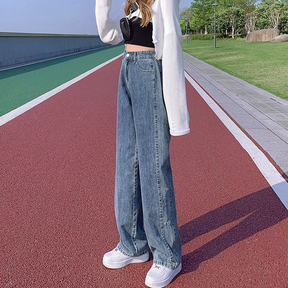 ハイウエスト ワイド ストレート デニム パンツ 韓国 ストリート Amazon | [miniministore] ハイウエスト デニム ワイドパンツ