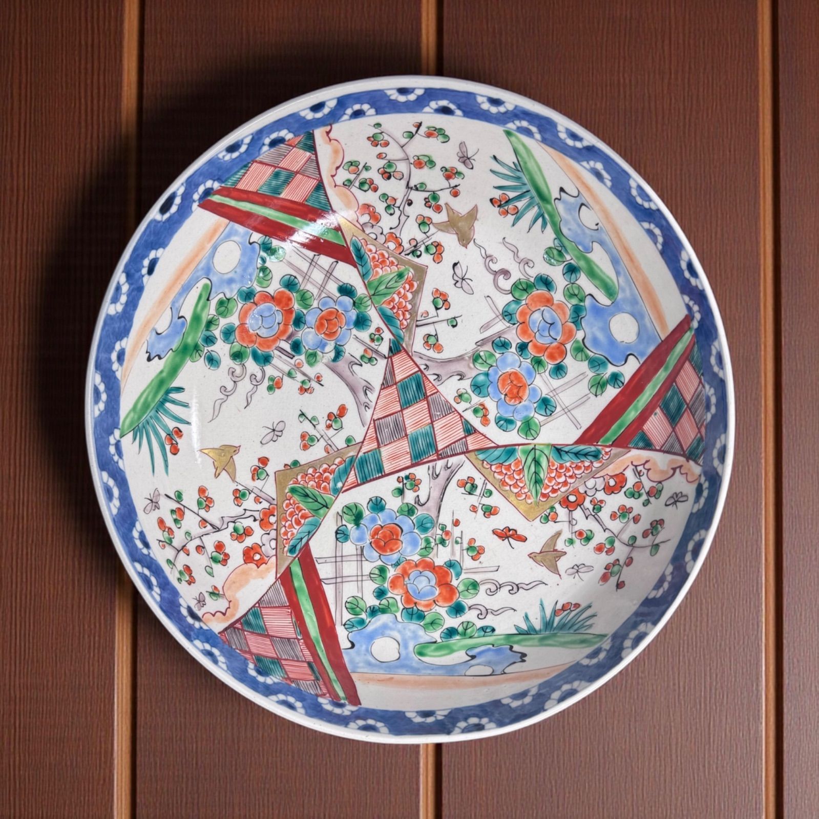 古伊万里 大鉢 梅鳥草花文図 盛り鉢 色絵 鉢 取り皿 飾り皿 陶器 伊万里 時代物 アンティーク