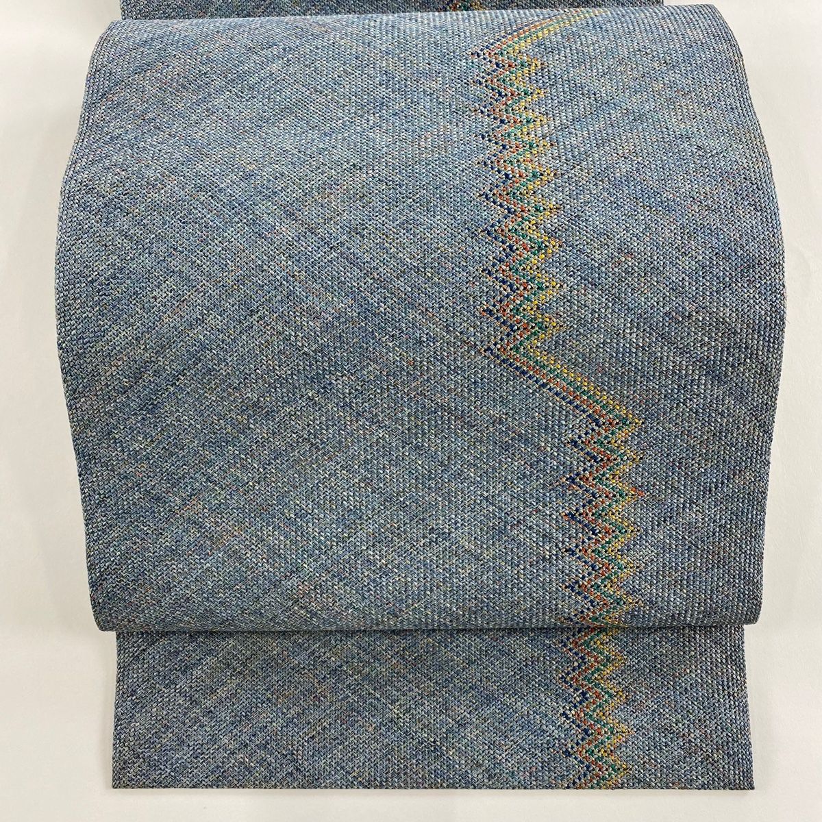 名古屋帯 秀品 松葉仕立て 八寸名古屋帯 幾何学 金糸 青灰色 正絹