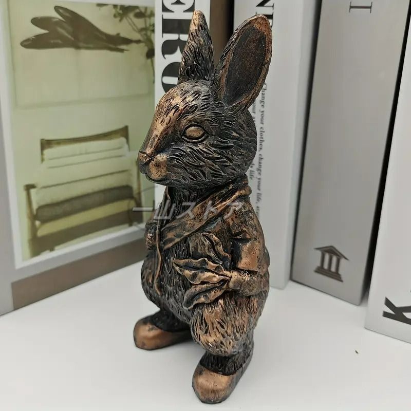 ブロンズ製ウサギの工芸品 ウサギ ブロンズ色 部分植毛26㌢ ☆シンプルだけどふわふわ襟の