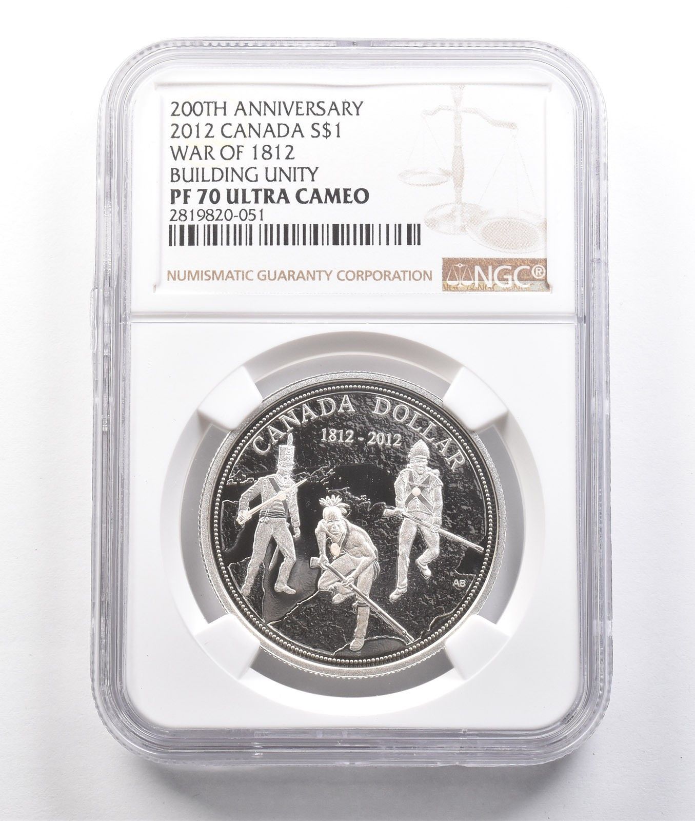 2012年 カナダ 1ドル銀貨 200周年記念 戦争 1812年 統一建設 PF70 NGC