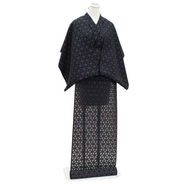 御召 紋紗 着物 着尺 反物 西陣 正絹 お召 先染め 黒 グレー 花 輪繋ぎ文 夏着物 コート 春 夏 秋 カジュアル 未仕立て みやがわ sb 14848