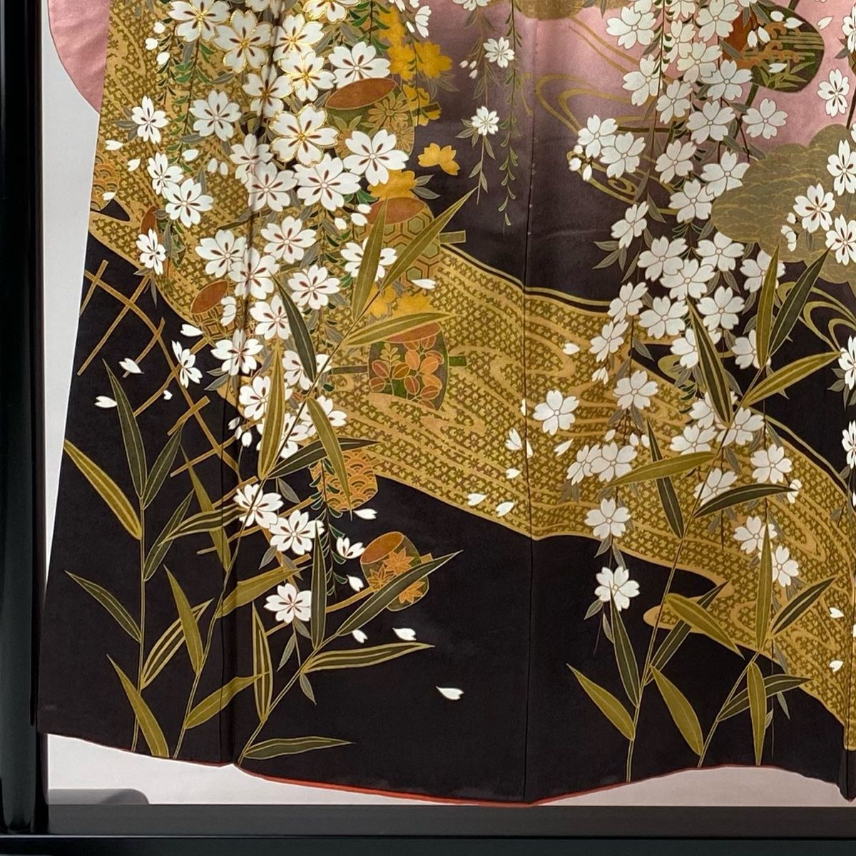 振袖 身丈150.5cm 裄丈62.5cm S 袷 枝垂れ桜 土車 金糸 金彩