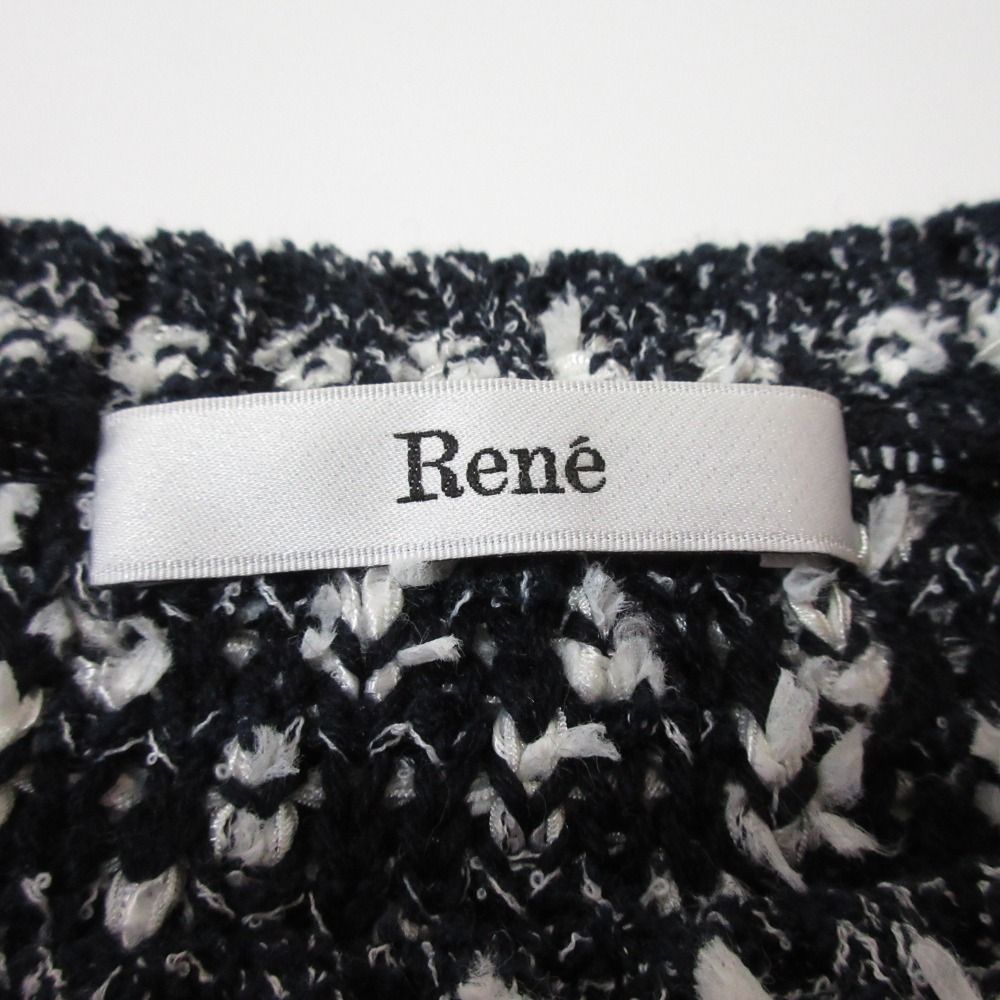 美品 22SS Rene ルネ パール クルーネック 七分袖 ツイード ニットカットソー チュニック 6212030 34 ネイビー ホワイト レディース 古着 中古 美品 22SS Rene ルネ パール クルーネック 七分袖 ツイード