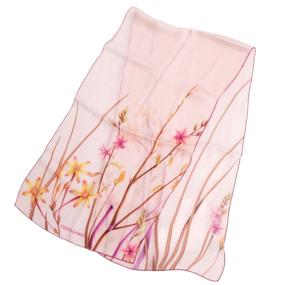 サルヴァトーレフェラガモ 花柄 シルク ピンク スカーフ 0941