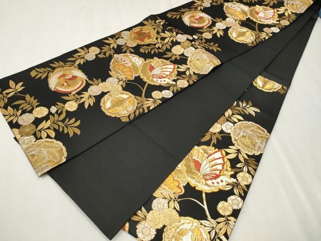 平和屋着物▽六通柄袋帯 唐織 鳳凰花蝶丸文 黒地 金銀糸 正絹