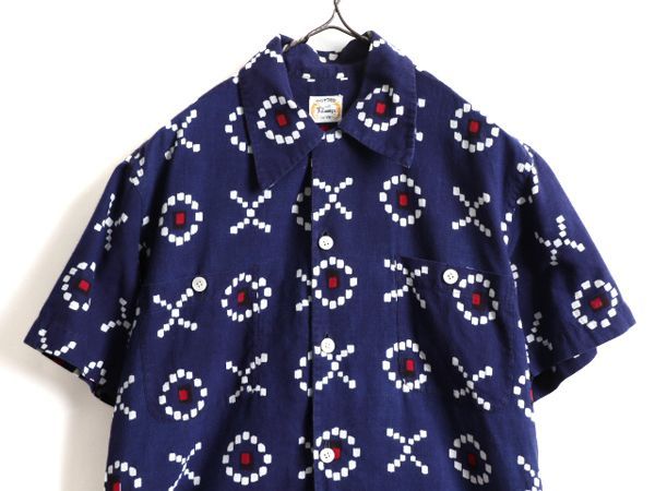 【お得なクーポン配布中!】 40s 50s 日本製 セットアップ 和柄 半袖シャツ ショーツ M 1点物 紺