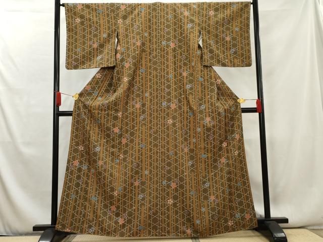 小紋　変わり縦縞　色紙　金彩　花地紋　着物　075a d 小紋 変わり縦縞 色紙 金彩 花地紋 着物 075a d