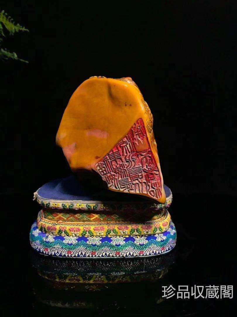 中国古美術・寿山石龍鳳呈祥の印鑑・手彫り・大極品紅絡金田黄石