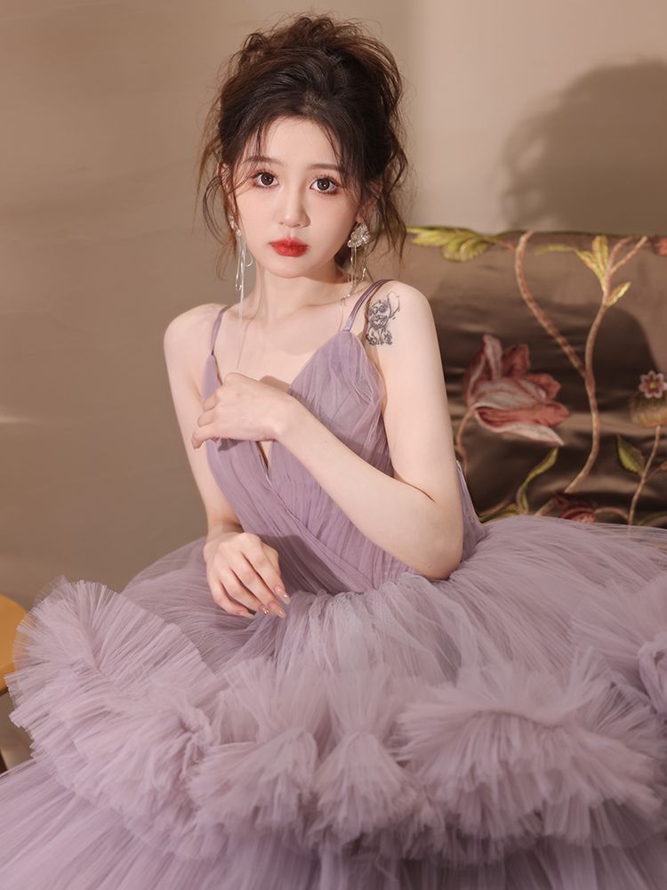 パープル 蓬蓬スカート ロングドレス レディース 感 成人式 結婚式 撮影用 軽量ウェディング 豪華 上品 送料無料