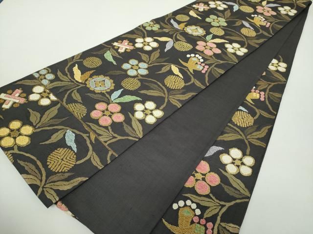 平和屋着物○六通柄袋帯 紬地 モール 名物裂 笹蔓緞子 宝尽くし 金糸