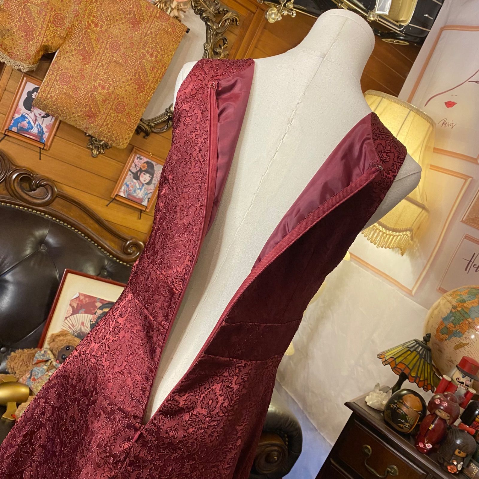  着物 ハンドメイド ワンピース パーティー ドレス 和洋折衷 コラージュ リメイク 切り替え 琥珀更紗×ワインダマスク 古金レースでクラシカルに O-72 その他 スーツ フォーマル ドレス