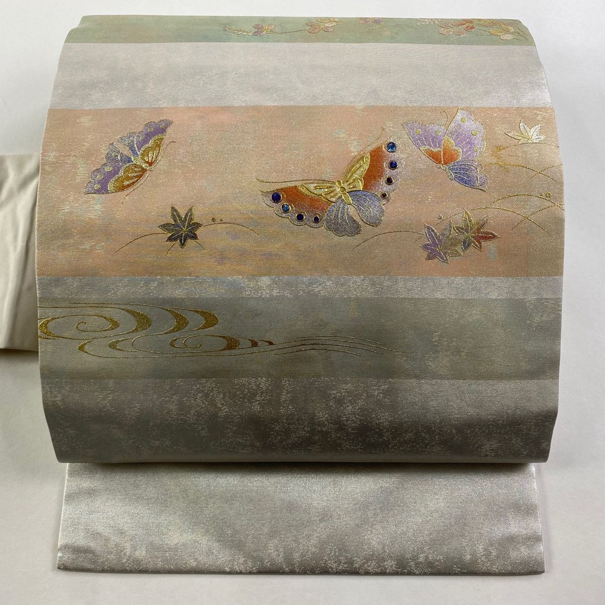 名古屋帯 秀品 蝶 流水 金銀彩 銀色 正絹