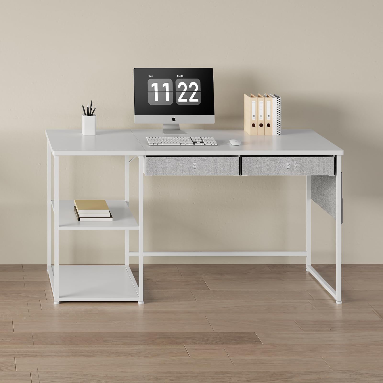 YeTom ゲーミングデスク つくえ 机 pcデスク パソコンデスク 幅140cm×奥行60cm desk ラック付きデスクdesk 子 デスク 引き出し付きデスク テレワークデスク 白い MARWIL-DEMENAGEMENTS_CH