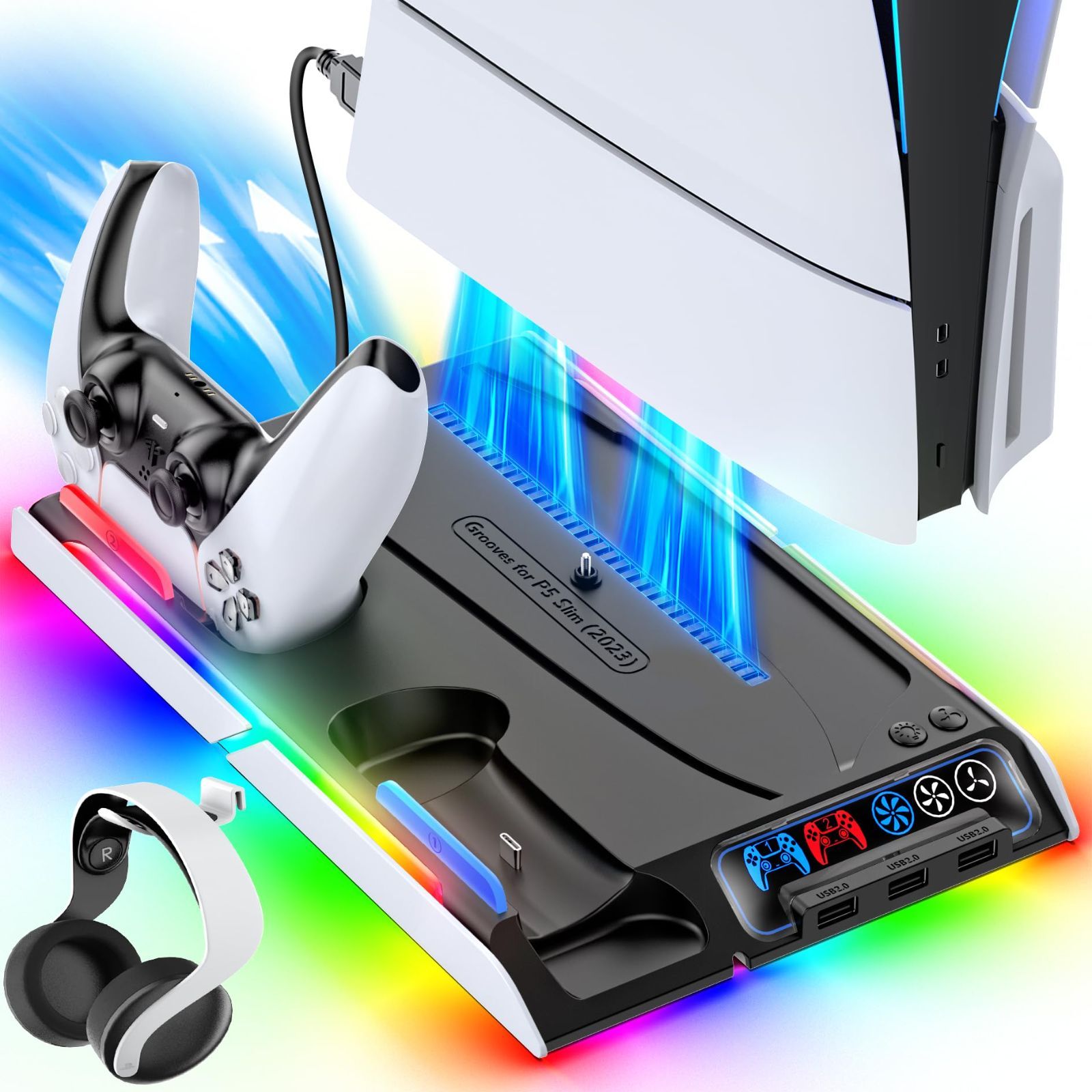 【新型 PS5 Slim 】PS5 Slim 縦置き 冷却 スタンド 3段階風速調整 PS5 コントローラー 充電器 2台同時充電 充電指示ランプ付 モード調整RGBライト USB-A/USB-Cケーブル内蔵 PS5スリム通常版とデジタル版