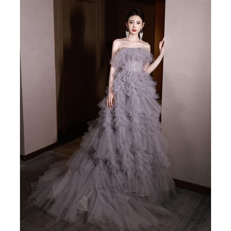 ドレス ロングドレス プリンセスドレス グレー フリル 結婚式 二次会 発表会 演奏会 ウェディングドレス ウエディングドレス チュー