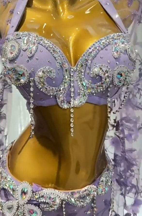 ベリーダンス衣装 トップスブラ スカート 花柄刺繍 パープル オーダー