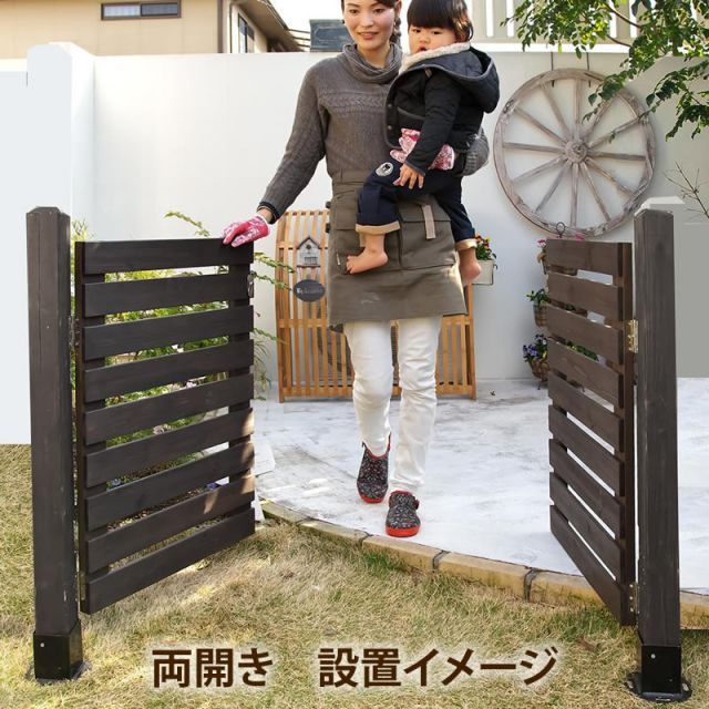 ガーデンガーデン 天然木製シンプルゲートセット 両開き 門扉 平地設置用 ゲートパネル2枚＋閂錠＋蝶番＋溝なしポール2本＋平地金具2個 JSBF-GT600X2HBSET HRDEVELOPMENT_JP