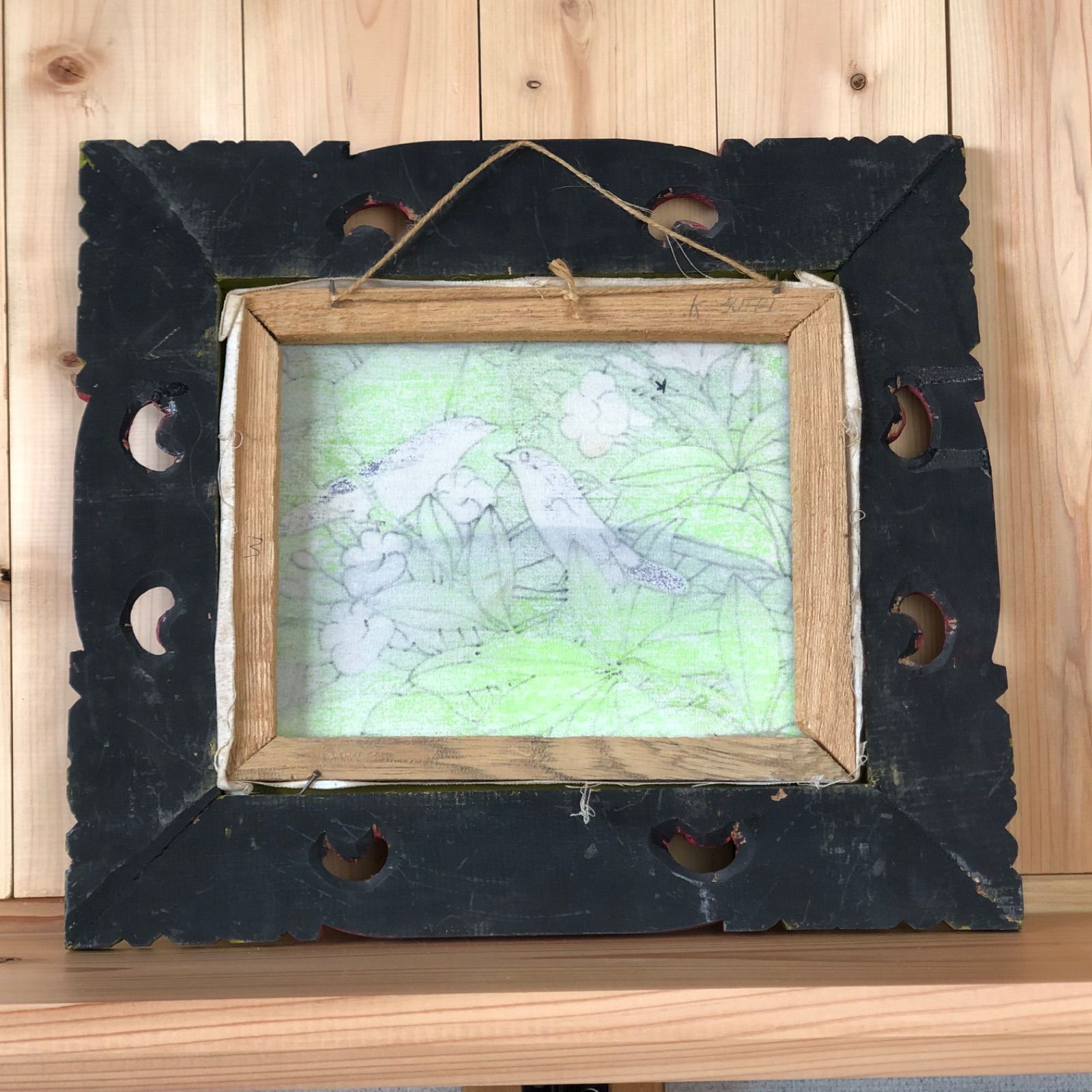 ① バリアート バリ島 アジアン雑貨 額付花鳥画 自然 鳥 花 バリ絵画