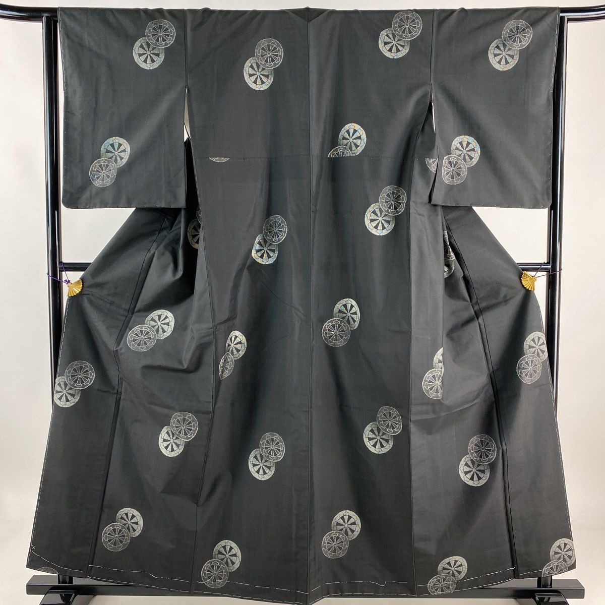 紬 身丈159cm 裄丈64cm M 袷 ますいわ屋 源氏車 墨色 正絹 美品 名品  