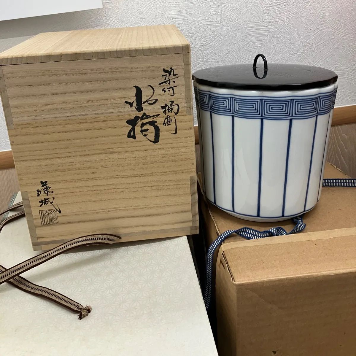 逢絢亭】茶道具 水指 京焼 染付 赤絵 竹文 平安祥堂 共箱入り P324