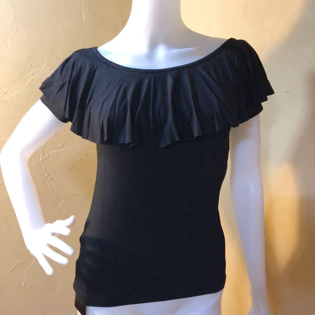 L半袖 黒 どんなパウスカートにも必ず似合う！ フリルカラー ストレッチトップス Lサイズ 半袖 黒 どんなパウスカートにも必ず似合う フリルカラー ストレッチトップス　フラダンス　フラメンコ　各種ダンスレッスンに