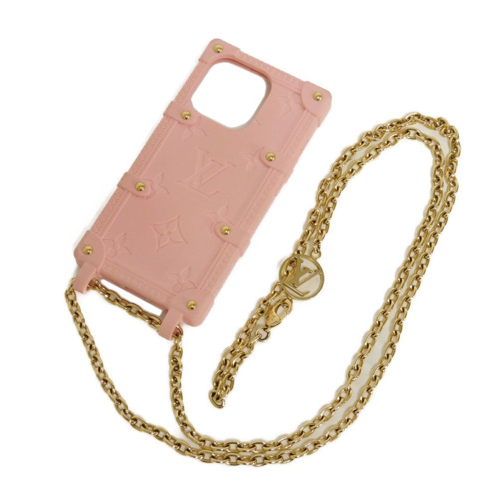 LOUIS VUITTON ルイ ヴィトン リ トランク iPhone 14 Pro LVロゴ フラワー ゴールド チェーン モノグラム エンボス TPU ピンク スマホケース M82082