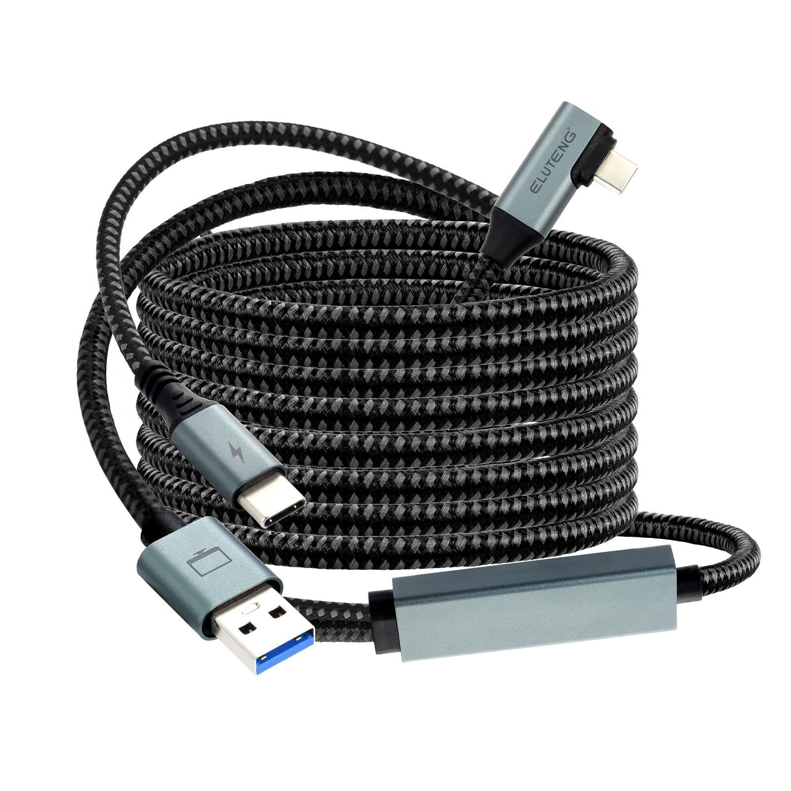 【在庫処分】ナイロン編み素材 USB 3.0 遊びながら充電 5Gbps高速データ転送 18W急速充電 TypeC to 5m A+C 2in1 ケーブル 5メートル Linkケーブル L字型 VRヘッドセット Meta Quest ELUTENG 2/3/P
